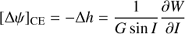 Mathematical equation: $ \begin{equation} [\Delta \psi]_{\rm {CE}} = - \Delta h = {1 \over G \sin I} {\partial W \over \partial I} \end{equation} $