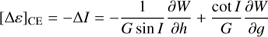 Mathematical equation: $ \begin{equation} [\Delta \varepsilon]_{\rm {CE}} = - \Delta I = -{1 \over G \sin I} {\partial W \over \partial h} + {\cot I \over G} {\partial W \over \partial g} \end{equation} $