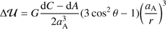 Mathematical equation: $ \begin{equation} \Delta \mathcal{U} = G {{\rm d} C - {\rm d}A \over 2 a_{\rm A}^3} (3 \cos^2 \theta - 1) \bigg({a_{\rm A} \over r }\bigg)^3 \end{equation} $