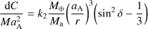 Mathematical equation: $ \begin{equation} {{\rm d}C \over Ma_{\rm A}^2} = k_2 {M_{\oplus} \over M_{\rm a}}\bigg ({a_{\rm A} \over r}\bigg)^3 \biggl( \sin^2 \delta - {1 \over 3} \biggr) \end{equation} $