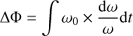 Mathematical equation: $ \begin{equation} \Delta \mathrm{\Phi} = \int \omega_0 \times {{\rm d} \omega \over \omega} {\rm d}t \end{equation} $