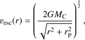 Mathematical equation: $${v_{{\rm{esc}}}}(r) = {\left( {\frac{{2G{M_{\rm{C}}}}}{{\sqrt {{r^2} + r_{\rm{P}}^2} }}} \right)^{\frac{1}{2}}},$$