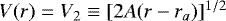 Mathematical equation: $V(r)=V_2\equiv[2A(r-r_a)]^{1/2}$