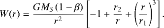 Mathematical equation: \begin{equation*} W(r)=\frac{GM_S(1-\beta)}{r^2} \left[-1+\frac{r_2}{r}+\left(\frac{r}{r_1}\right)^3\right].\end{equation*}