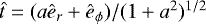 Mathematical equation: $\hat{t}=(a\hat{e}_r+\hat{e}_{\phi})/(1+a^2)^{1/2}$