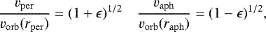Mathematical equation: \begin{equation*} \frac{v_{\rm{per}}}{v_{\rm{orb}}(r_{\rm{per}})}=(1+\epsilon)^{1/2}\ \ \ \ \frac{v_{\rm{aph}}}{v_{\rm{orb}}(r_{\rm{aph}})}=(1-\epsilon)^{1/2} ,\end{equation*}
