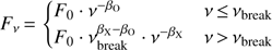 Mathematical equation: $ \begin{aligned} F_\nu \,{=}\, \left\{ \begin{array}{ll} F_0 \cdot \nu ^{-\beta _\mathrm{O}}&\nu \,{\le }\,\nu _\mathrm{break} \\ F_0 \cdot \nu _\mathrm{break}^{\beta _\mathrm{X}-\beta _\mathrm{O}} \cdot \nu ^{-\beta _\mathrm{X}}& \nu \,{>}\,\nu _\mathrm{break} \end{array}\right. \end{aligned} $