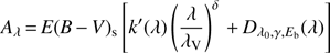 Mathematical equation: $ \begin{aligned} A_\lambda \,{=}\,{{ E}({ B}\,{-}\,{ V})_\mathrm{s}} \left[ k^{\prime }(\lambda ) \left(\lambda \over {\lambda _\mathrm{V}} \right)^{\delta }\,{+}\,D_{\lambda _0,\gamma ,E_ \mathrm{b}}(\lambda ) \right] \end{aligned} $