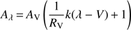 Mathematical equation: $ \begin{aligned} A_{\lambda }\,{=}\,A_\mathrm{V} \left( \frac{1}{R_\mathrm{V}} k(\lambda -V)\,{+}\,1 \right) \end{aligned} $