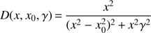 Mathematical equation: $ \begin{aligned} D(x,x_0,\gamma )\,{=}\,{{ x^{2}} \over {(x^2-x_0^2)^2\,{+}\,x^2 \gamma ^2}} \end{aligned} $
