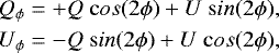 Mathematical equation: \begin{equation*}\begin{split} Q_{\phi} &= + Q \ {\mathrm cos } (2\phi) + U \ {\mathrm sin } (2\phi), \\ U_{\phi} &= -Q \ {\mathrm sin} (2\phi) + U \ {\mathrm cos} (2\phi), \end{split} \end{equation*}