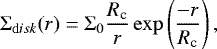 Mathematical equation: \begin{equation*} {\mathrm\Sigma}_{{\mathrm disk}} (r) = \mathrm\Sigma_{0} \frac{R_{\textrm{c}}}{r} \exp\left(\frac{-r}{R_{\textrm{c}}}\right), \end{equation*}