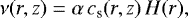 Mathematical equation: \begin{equation*} \nu(r,z) = \alpha\,c_{\textrm{s}}(r,z)\,H(r), \vspace*{-2pt}\end{equation*}