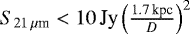 Mathematical equation: $S_{21\,{{\mathrm \mu} \textrm{m}}} < 10\,\textrm{Jy} \left(\frac{1.7\,\textrm{kpc}}{D}\right)^2$