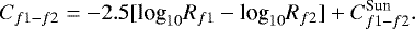 Mathematical equation: \begin{equation*} C_{f1-f2} = -2.5[\textrm{log}_{10}R_{f1} - \textrm{log}_{10}R_{f2}] + C_{f1-f2}^{\textrm{Sun}}.\end{equation*}