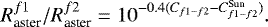 Mathematical equation: \begin{equation*} {R_{\textrm{aster}}^{f1}}/{R_{\textrm{aster}}^{f2}} = 10^{-0.4(C_{f1-f2} - C_{f1-f2}^{\textrm{Sun}})}.\end{equation*}