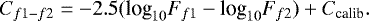 Mathematical equation: \begin{equation*} C_{f1-f2} = -2.5(\textrm{log}_{10}F_{f1}-\textrm{log}_{10}F_{f2}) + C_{\textrm{calib}}.\end{equation*}