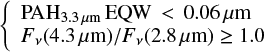 Mathematical equation: $$ \left\{ \begin{array}{l} {\rm PAH}_{3.3\,\mu {\rm m}}\,{\rm EQW}\,<\,0.06\,\mu {\rm m} \\ F_{\nu}(4.3\,\mu {\rm m})/F_{\nu}(2.8\,\mu {\rm m}) \geq 1.0 \end{array} \right.$$