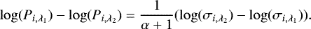 Mathematical equation: \begin{equation*} \log(P_{i,\lambda_1})-\log(P_{i,\lambda_2})=\frac{1}{\alpha+1}(\log(\sigma_{i,\lambda_2})-\log(\sigma_{i,\lambda_1})) .\end{equation*}
