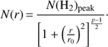 Mathematical equation: $$ N{(r)}=\frac{N{({\mathrm H}_2)}_\text{peak}}{{\left[1+{(\frac r{r_0})}^2\right]}^\frac{p-1}2}. $$
