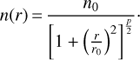 Mathematical equation: $$ n{(r)}=\frac{n_0}{{\left[1+{\left(\frac r{r_0}\right)}^2\right]}^\frac{p}2}. $$