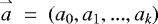 Mathematical equation: $\overset{\rightharpoonup}{a}~=~(a_0,a_1, ..., a_k)$