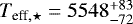 Mathematical equation: $T_{\textrm{eff},\star}=5548_{-72}^{+83}$