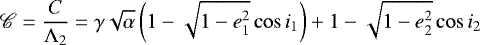 Mathematical equation: \begin{equation*} {\mathscr{C}}=\frac{C}{{\rm\Lambda}_2}=\gamma\sqrt{\alpha}\left(1-\sqrt{1-e_1^2}\cos i_1\right)+1-\sqrt{1-e_2^2}\cos i_2\end{equation*}