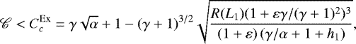 Mathematical equation: \begin{equation*} {\mathscr{C}}<C_c^{\mathrm{Ex}}=\gamma\sqrt{\alpha}+1-(\gamma+1)^{3/2}\sqrt{\frac{ R(L_1)(1+\varepsilon\gamma/(\gamma+1)^2)^3}{(1+\varepsilon)\left(\gamma/\alpha+1+h_1\right)}},\end{equation*}