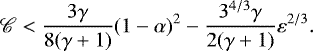 Mathematical equation: \begin{equation*} {\mathscr{C}}<\frac{3\gamma}{8(\gamma+1)}(1-\alpha)^2-\frac{3^{4/3}\gamma}{2(\gamma+1)}\varepsilon^{2/3}.\end{equation*}