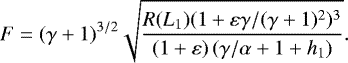 Mathematical equation: \begin{equation*} F=(\gamma+1)^{3/2}\sqrt{\frac{R(L_1)(1+\varepsilon\gamma/(\gamma+1)^2)^3}{(1+\varepsilon)\left(\gamma/\alpha+1+h_1\right)}}.\end{equation*}