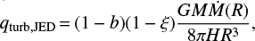 Mathematical equation: $$ \begin{equation} q_{\rm {turb,JED}} \,{=}\, (1-b) (1-\xi) \frac{G M \dot{M}(R)}{8 \pi H R^3}, \end{equation} $$