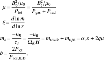 Mathematical equation: $$ \begin{array}{lllllllllllllll}{\mu = }&{\frac{{B_z^2/{\mu _0}}}{{{P_{{\rm{tot}}}}}} = \frac{{B_z^2/{\mu _0}}}{{{P_{{\rm{gas}}}} + {P_{{\rm{rad}}}}}}}\\{\xi = }&{\frac{{d\ln \dot m}}{{d\ln r}}}\\{{m_s} = }&{\frac{{ - {u_R}}}{{{c_s}}} = \frac{{ - {u_R}}}{{{\Omega _K}H}} = {m_{{\rm{s,turb}}}} + {m_{{\rm{s,jet}}}} = {\alpha _\nu }\varepsilon + 2q\mu }\\{b = }&{\frac{{2{P_{{\rm{jet}}}}}}{{{P_{{\rm{acc,JED}}}}}},}\end{array}$$