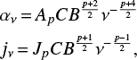 Mathematical equation: $$ \begin{align} & \alpha_{\rm \nu} \,{=}\, A_p C B^{\frac{p+2}{2}} \nu^{- \frac{p+4}{2}} \nonumber \\ & j_\nu \,{=}\, J_p C B^{\frac{p+1}{2}} \nu^{- \frac{p-1}{2}}, \end{align} $$