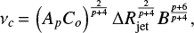 Mathematical equation: $$ \begin{equation} \nu_c \,{=}\, \left (A_p C_o\right )^{\frac{2}{p+4}} \Delta R_{\rm {jet}}^{\frac{2}{p+4}} B^{\frac{p+6}{p+4}}, \end{equation} $$