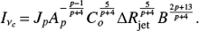 Mathematical equation: $$ \begin{equation} I_{\nu_c} \,{=}\,J_p A_p^{-\frac{p-1}{p+4}} C_o^{\frac{5}{p+4}} \Delta R_{\rm {jet}}^{\frac{5}{p+4}} B^{\frac{2p+13}{p+4}} \nonumber. \end{equation} $$