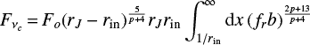Mathematical equation: $$ \begin{equation} F_{\nu_c} \,{=}\, F_o (r_J - r_{\rm {in}})^{\frac{5}{p+4}} r_J r_{\rm {in}} \int_{1/r_{\rm {in}}}^\infty {\rm{d}}x \left ( f_r b \right)^{\frac{2p+13}{p+4}} \end{equation} $$