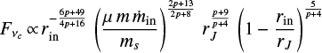 Mathematical equation: $$ \begin{equation} F_{\nu_c} \,{\propto}\, r_{\rm {in}}^{- \frac{6p+49}{4p+16}} \, \left ( \frac{\mu \, m \, \dot{m}_{\rm {in}}}{m_s} \right)^{\frac{2p+13}{2p+8}} \, r_J^{\frac{p+9}{p+4}}\, \left (1- \frac{r_{\rm {in}}}{r_J} \right )^{\frac{5}{p+4}} \end{equation} $$