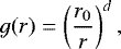 Mathematical equation: \[ g(r) = \left(\frac{r_0}{r}\right)^d, \]
