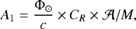 Mathematical equation: \[ A_1 = \frac{\mathrm\Phi_{\odot}}{c}\times C_R \times\mathcal{A}/M, \]