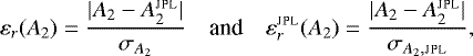 Mathematical equation: \[ \varepsilon_r(A_2)= \frac{|A_2-A_2^{\textsc{jpl}}|}{\sigma_{A_2}} \quad\text{and}\quad \varepsilon_r^{\textsc{jpl}}(A_2) =\frac{|A_2-A_2^{\textsc{jpl}}|}{\sigma_{A_2, \textsc{jpl}}}, \]