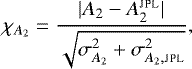 Mathematical equation: \[ \chi_{A_2} = \frac{|A_2-A_2^{\textsc{jpl}}|}{\sqrt{\sigma_{A_2}^2+\sigma_{A_2, \textsc{jpl}}^2}}, \]