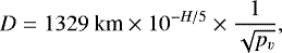 Mathematical equation: \[ D = 1329\text{ km} \times 10^{-H/5} \times \frac{1}{\sqrt{p_v}}, \]