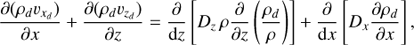 Mathematical equation: $ \begin{aligned} \dfrac{\partial (\rho_{d} \upsilon_{x_{d}})}{\partial x} + \dfrac{\partial (\rho_{d} \upsilon_{z_{d}})}{\partial z} = \dfrac{\partial}{\mathrm{{d}}z} \left[ D_z \, \rho \dfrac{\partial}{\partial z} \left(\dfrac{\rho_{d}}{\rho}\right)\right] + \dfrac{\partial}{\mathrm{{d}}x} \left[D_x \dfrac{\partial \rho_{d}}{\partial x}\right], \end{aligned} $