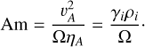 Mathematical equation: $ \begin{aligned} \text{ Am}=\dfrac{v_A^2}{{\Omega} \eta_A} = \dfrac{\gamma_i \rho_i}{{\Omega}}\cdot \end{aligned} $