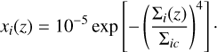 Mathematical equation: $ \begin{aligned} x_i(z)=10^{-5}\exp \left[-\left(\dfrac{\Sigma_i(z)}{\Sigma_{ic}}\right)^4\right]\cdot \end{aligned} $