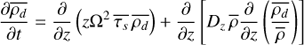 Mathematical equation: $ \begin{aligned} \dfrac{\partial \overline{\rho_{d}}}{\partial t} = \dfrac{\partial}{\partial z} \left(z {\Omega}^2\, \overline{\tau_{{s}}} \,\overline{\rho_{d}} \right) +\dfrac{\partial}{\partial z} \left[ D_z \, \overline{\rho} \dfrac{\partial}{\partial z} \left(\dfrac{\overline{\rho_{d}}}{\overline{\rho}}\right) \right] \end{aligned} $
