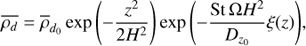Mathematical equation: $ \begin{aligned} \overline{\rho_{d}}= \overline{\rho}_{d_0} \exp {\left(-\dfrac{z^2}{2H^2}\right)} \exp {\left(-\dfrac{\text{ St}\,{\Omega} H^2}{D_{z_0}}\xi (z)\right)}, \end{aligned} $