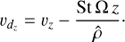 Mathematical equation: $ \begin{aligned} \upsilon_{d_z} = \upsilon_{z} - \dfrac{\text{ St}\,{\Omega} \,z}{\hat{\rho}}\cdot \end{aligned} $