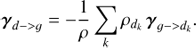 Mathematical equation: $ \begin{aligned} \boldsymbol{\gamma}_{{d}->{g}}= -\dfrac{1}{\rho} \sum_k \rho_{d_k} \,\boldsymbol{\gamma}_{g->{d_k}}. \end{aligned} $